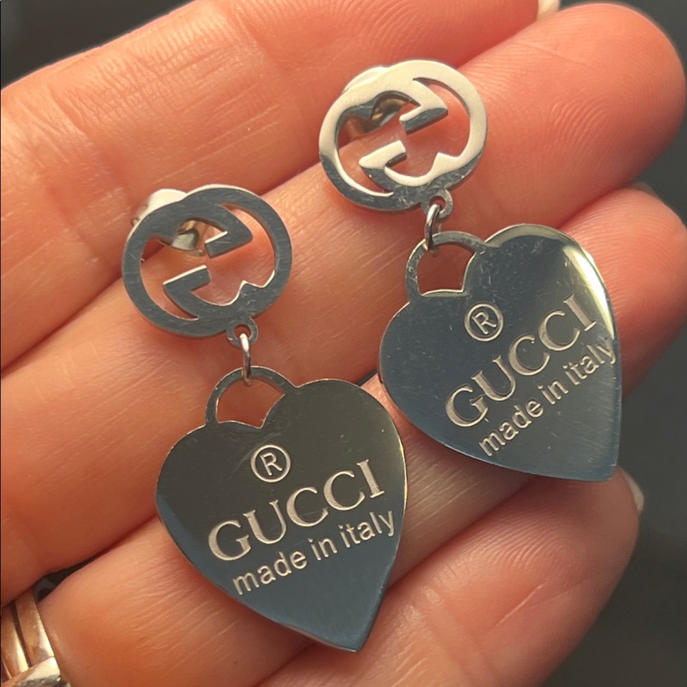 Gucci Silver Heart Logo Drop Earrings